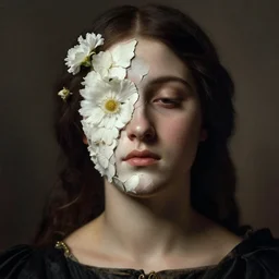 hyperrealism close - up mythological portrait of a medieval woman's shattered face partially made of white flowers in style of classicism, dark skin, wearing black dress, dull palette