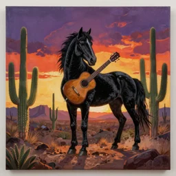 ! a bad black velvet painting of a large broken horse playing guitar in an arizona sunset with saguaro cactus