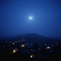 colossus shadow, fog, hill over town, house lights, night sky, blue sun on the horizon, deep blue mood, old photo, by stanley kubrick