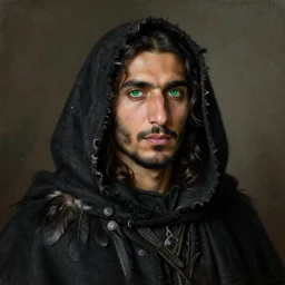 green eyes, portrait painting of a middle eastern man with shoulder length hair wearing a tattered black cloak with feathers and a coat, sharp focus, award - winning, trending on artstation, masterpiece, highly detailed, intricate. art by rebecca guay