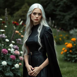 portrait of a woman wearing shiny black funeral dress in an english garden, english face, refined features, moon goddess, long snow - white hair by jean gerome, edward hopper and james jean, hyper detail, 8 k, high resolution, ultra detailed
