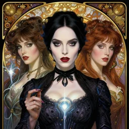 stunning hyperdetailed art nouveau portrait of eva green wednesday addams and anjelica huston as the mythological 3 witches, by chris achilleos, michael kaluta and alphonse mucha, photorealism, extremely beautiful, perfect symmetrical facial features, perfect anatomy, strong confident eyes, eldritch powers, witchcraft, magic energy