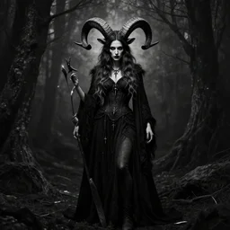 full body dramatic portrait of a scandinavian undead witch female with animal horns ram, satanic kvlt by peder balke by peder balke by greg rutkowski, by guido crepax by norman bluhm mystic high contrast monochromatic noir angst pagan magic