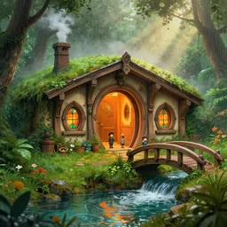 a medieval hobbit home, ornate, beautiful, atmosphere, vibe, mist, smoke, chimney, rain, well, jungle, wet, pristine, puddles, waterfall, clear stream, bridge, orange, green, stained glass, forest, flowers, concept art illustration, color page, 4 k, tone mapping, doll, akihiko yoshida, james jean, andrei riabovitchev, marc simonetti, yoshitaka amano, digital illustration, greg rutowski, volumetric lighting, sunbeams, particles, rembrandt