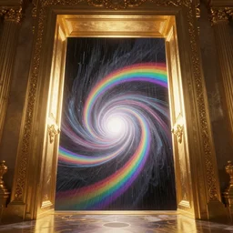 a portal to a new universe inside of an ornate door frame, wide angle, golden light, rainbows, vortex, digital art, 1 6 : 9,