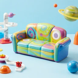 fisher price couch, perfect focus, psychedelic trippy couch, marble run, planets, sofa scene from tv show hyper detailed 5 5 mm 8 5 mm, toy photography, made out of plastic