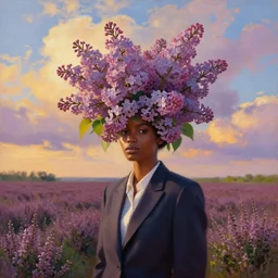 portrait, giant lilac flower as head, a black woman in a suit in heather field, surreal photography, golden hour, colorful clouds, impressionist painting, digital painting, artstation, simon stalenhag