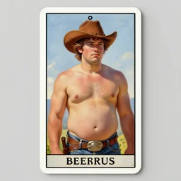 an ethereal, serene tarot card painting of a shirtless handsome goofy cowboy with a beefy build and beer belly | background is a serene campfire | cans of beans and jugs of whisky | tarot card, art deco, art nouveau | by Mark Maggiori | trending on artstation