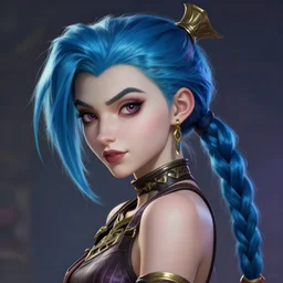 a League of Legends FAN ART Portrait of JINX The Loose Cannon, blue hair, long pigtail, intricate, elegant, highly detailed, digital painting, concept art, smooth, sharp focus, illustration, by Laurie Greasley,Lawrence Alma-Tadema,Dan Mumford,artstation,deviantart,Unreal Engine,face enhance,8K,golden ratio,cinematic lighting