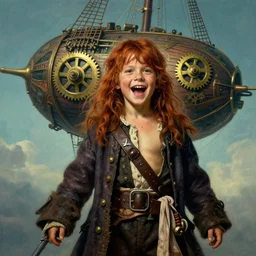 realist portrait painting of a 3 5 years old rugged joyful male pirate long long hair soft hair crimson hair simplistic clothes long coat upper body elegant muscular rugged handsome flying wood brass gears ornate mechanical zeppelin airship in upper background sky fantasy rugged character art cinematic lighting art by mucha rutkowski artgerm