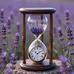 pocket watch inside hourglass in lavender field, studio lightning, 8k, award winning photo