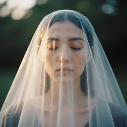 head and shoulder frontal face portrait photography of a beautiful woman fully covered in a plastic veil by alex prager. vogue. closed eyes. kodak portra. ( depth of field ). whirl bokeh!!. golden hour. detailed. hq. realistic. muted colors. filmic. lens flare. mamiya 7 ii, f / 1. 2, symmetrical balance, in - frame