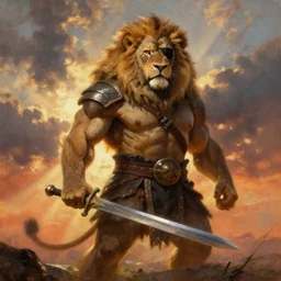 oversized muscular lion as barbarian with eyepatch and chest armor and sword in epic pose and hard backlight from sunset  , very textured detailed oil painting panoramic backlight portrait by rembrandt, backlight, dramatic clouds ,sun rays