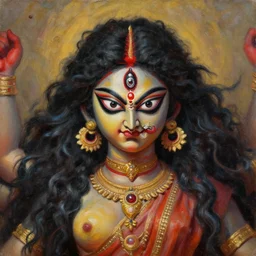 realistic portrait of goddess kali, flowing hair, intense stare, angry smile, oil painting,