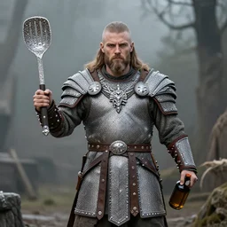 man in viking armor made of diamond holding a cooking utensil in one hand and a bottle in other
