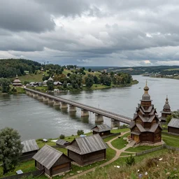 ancient long dam, bridge, enclosed palisaded, with demon wooden churches, log houses built along the wide river, slavic, russian, slovenian, tartarian architecture, gray skies, hyper - detailed, artstation, cgsociety, 8 k