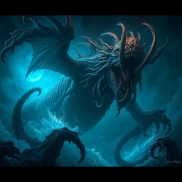 sea beast of the depths in the style of michael whelan and h. p. lovecraft. hyperdetailed photorealism by greg rutkowski