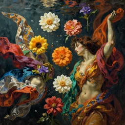 flowers float underwater together and colorful cloths, art by dante gabriel rossetti