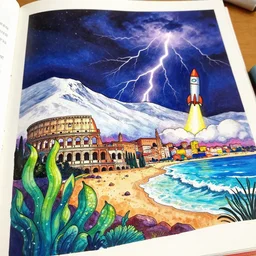 low angle, art magazine cut out collage, cinematic lights, psychedelic water colors, snowy hills background, roman city with a beach, night with thunder and lightning, aquatic plants 🪴, space rocket 🚀 take off, copic marker outlines with drips