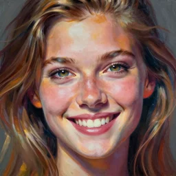 Joey King, smooth painting, art, detailed, colorful, smiling, beautiful hair, deep look, intense atmosphere