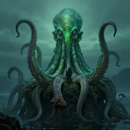 cinematic artwork of an old fisherman with tentacles, half man half cthulhu, beautiful, dusk, green ambient light, trending on artstation