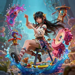 Splashart of a mysterious girl puppeteer that controls the fate, character design by Mark Ryden and Pixar and Hayao Miyazaki, unreal 5, DAZ, wylops, hyperrealistic, octane render, cosplay, RPG portrait, dynamic lighting, intricate detail, summer vibrancy, cinematic