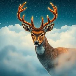 a victo ngai and katayama bokuyo art work. a close up view of a grace deer in the fog and clouds. waves of stars. ultra clear detailed.
