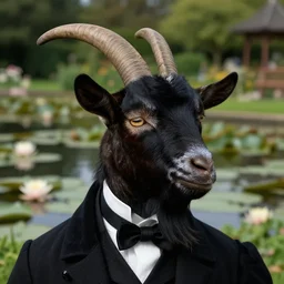 detailed studio portrait of a young victorian gentleman with the head of a black goat in a beautiful victorian garden, water lilies, high quality by jeremy mann, only one head single portrait