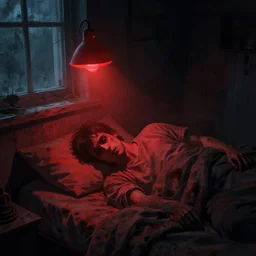 concept art, artstation, nigh, red light, closeup of a man getting up from bed, night, lamp lighting, horror, dark room, desolated, a window, volumetric light, atmospheric, grunge