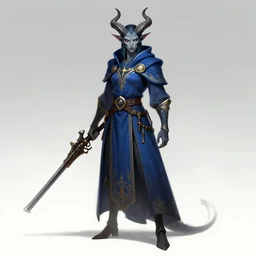 dungeon and dragons character art concept, full body, tiefling cleric gunslinger, ayami kojina style, grey skin, detailed horns, demon tail, blue cleric robe with golden embroidery, character design, game design