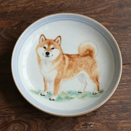 ancient chinese plate painted with a shiba inu on a wooden table