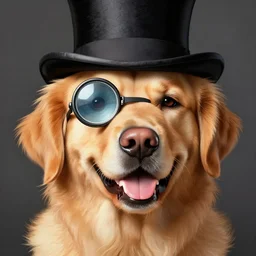close portrait of golden retriever dog, wearing a top hat, wearing a monocle over one eye, smiling, vaporwave, highly detailed, digital painting, artstation, concept art, smooth, sharp focus, illustration, art by artgerm and greg rutkowski and alphonse mucha