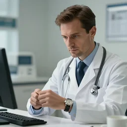 A Pround doctor looking at his new watch, cinematic view, high quality