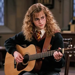 Hermione Granger/Emma Watson wearing a black sweater, playing a guitar, in the Gryffindor common room, portrait photo by Hiroshi Yoshida