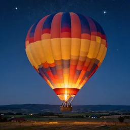 highly detailed realistic photo of hot air balloon flying on rich landscape, stars are glowing, vibrant colors, award winning masterpiece photography, hyper realistic, concept art, 8 k detail post - processing