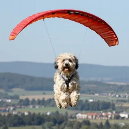 a shaggy haired shitzu hang-gliding.