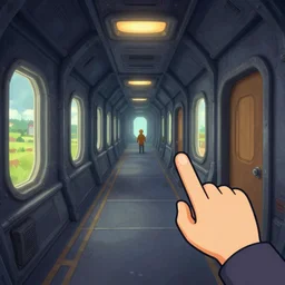 in a corridor, inside a large spaceship, from a point and click 2 d graphic adventure game, art inspired by thomas kinkade and bob ross