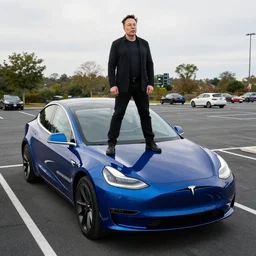 a photo of Elon Musk standing on top of a blue Tesla at a parking lot