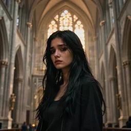 a portrait of a sad cyberpunk long black hair women standing in a gothic catedral, soft lighting, golden hour, ahestetic, very detailed, super detailed, extremely beautiful,