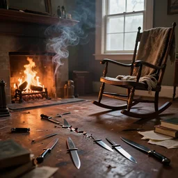 Knives are strewn across the floor. Their blades reflect the light peeking in from the windows as they lie eerily in a jagged line like broken teeth. Burning flames dance gently in a fireplace. Smoke rises into the air, curling and twisting with no way out. A rocking chair sits on the opposite side of the room, its seat carved with a serpent's head. The arms of the chair are draped with blankets while one leg is propped up against a table that's covered with scattered books and pieces of paper.