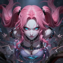 totally overpowered and trapped beneath inescapable and overwhelmingly stunningly absurdly beautiful over the top megalomaniacal arrogant assertive possessive omnipotent asi goddess junko enoshima with symmetrical perfect face, porcelain skin, pink twintail hair and cyan eyes, ultra detailed, digital art, unreal engine 5, octane render, 2 d anime, 8 k