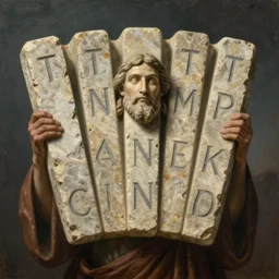 moses holding up in the air the ten commandments stone tablets, photorealistic, highly detailed, texture, soft light, dramatic, moody, ambient, painting by gustave dore