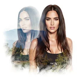double exposure effect of megan fox and beautiful mountain scenery, realism tattoo sketch, in the style of brandon kidwell, white background