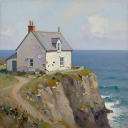 aesthetic iridescent crumbling cottage on a cliff by the sea, oil on canvas, artstation, soft render