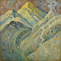 in the style dustin yellin, of yoshitaka amano, miles johnston, von rueden, odilon redon, miles johnston, mohrbacher, peter ferguson, william turner, by, alphonse mucha, mountains, wavy, pallete knife, grains, impasto, paint pour, fractal, oil on canvas, smoke tendrils, in the style of