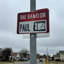 street sign beware of paul blart overcast suburbs