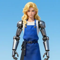 a highly detailed illustration of long wavy bright blonde haired effeminate boy wearing blue blacksmith apron and iron mechanical arms, lanky body, blue eyes, dramatic smiling pose, perfect face, symmetrical eyes, intricate, elegant, highly detailed, centered, digital painting, artstation, concept art, smooth, sharp focus, league of legends concept art, wlop