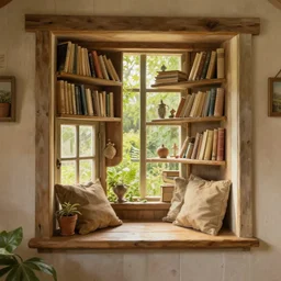 cottagecore interior window nook with library shelves, digital painting, by gibli