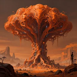 landscape, alien tree of life, cyberpunk, sci fi, horror, highly detailed, complex, orange, intricate, matte painting, cinematic, by rhads and mohrbacher,