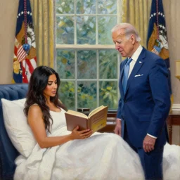 portrait of kim kardashian reading a bedtime story to joe biden in the presidents office room, an oil painting by ross tran and thomas kincade